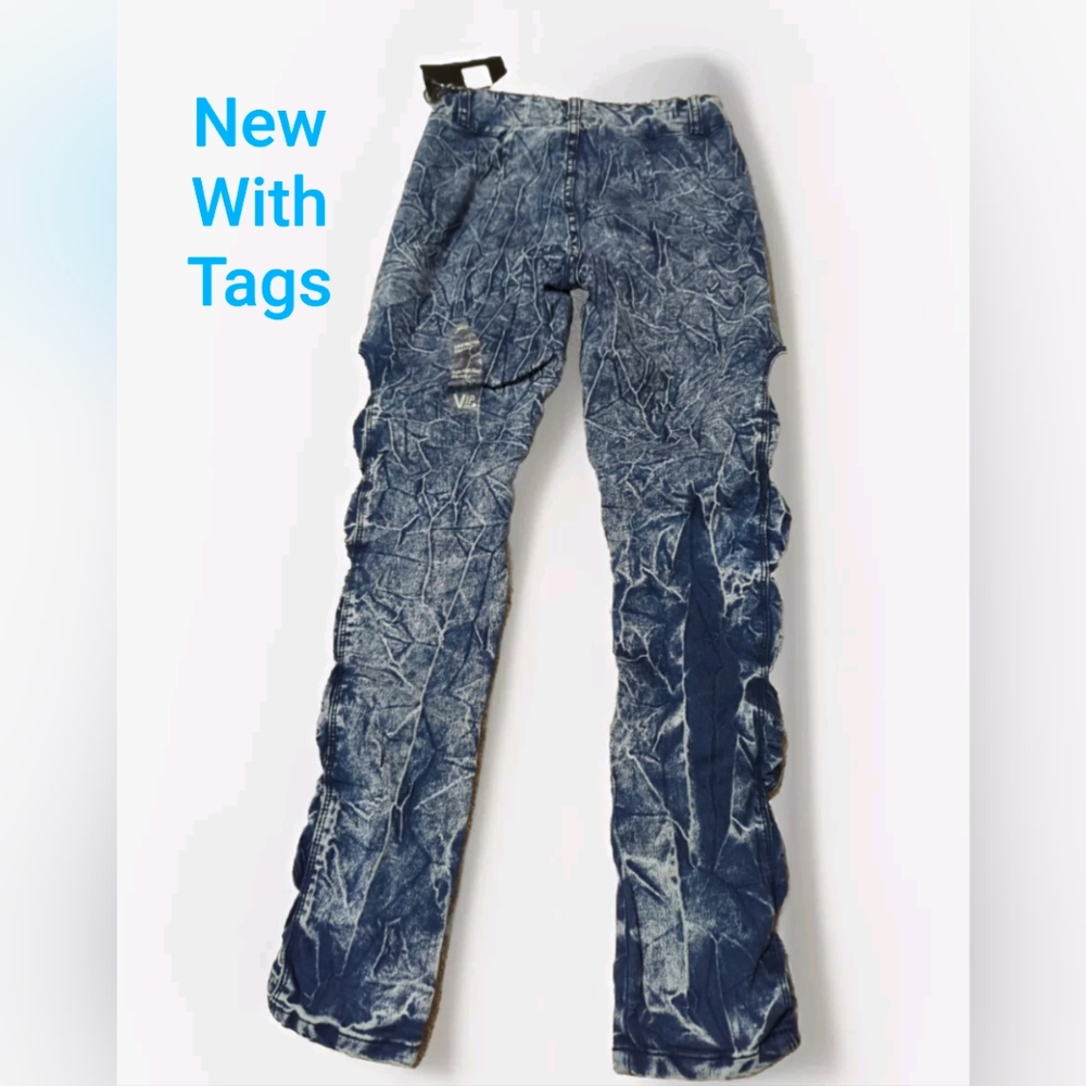 VIP NWT New York Acid Bleach Paint Splatter Jeans Denim Blue/White 5/6 Tied Legs